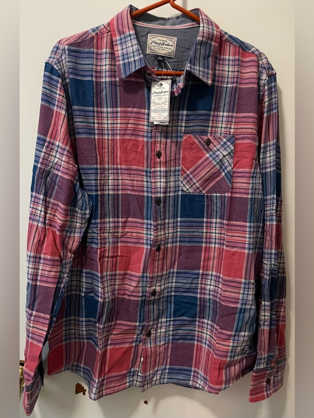 Flag & Anthem Men’s Plaid Button Up Long Sleeve Shirt Color Red Navy Size Large